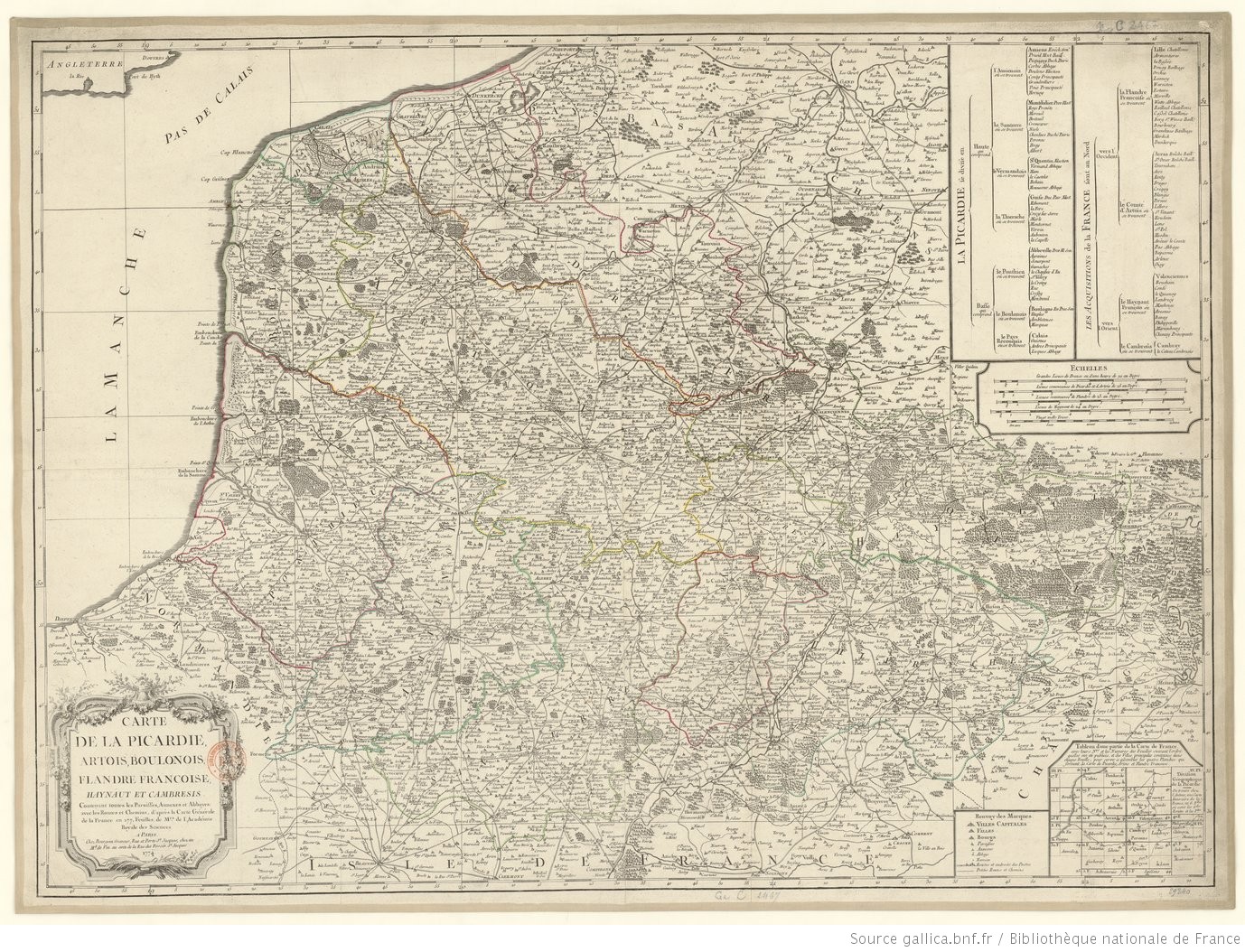 Carte de Flandre, Artois, Picardie, Hainaut, Cambresis au XVIIIe siècle